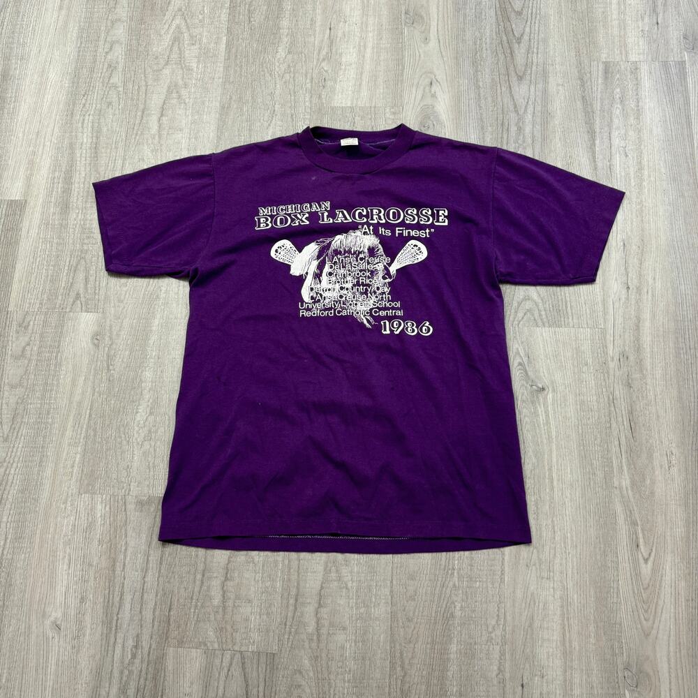 Vintage Michigan Box Lacrosse Shirt Men's Large 1986 Purple 80s Single Stitch